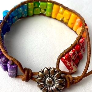 Rainbow Rolled Honed Marbled Barreled Stone leather wrap lattice bracelet
